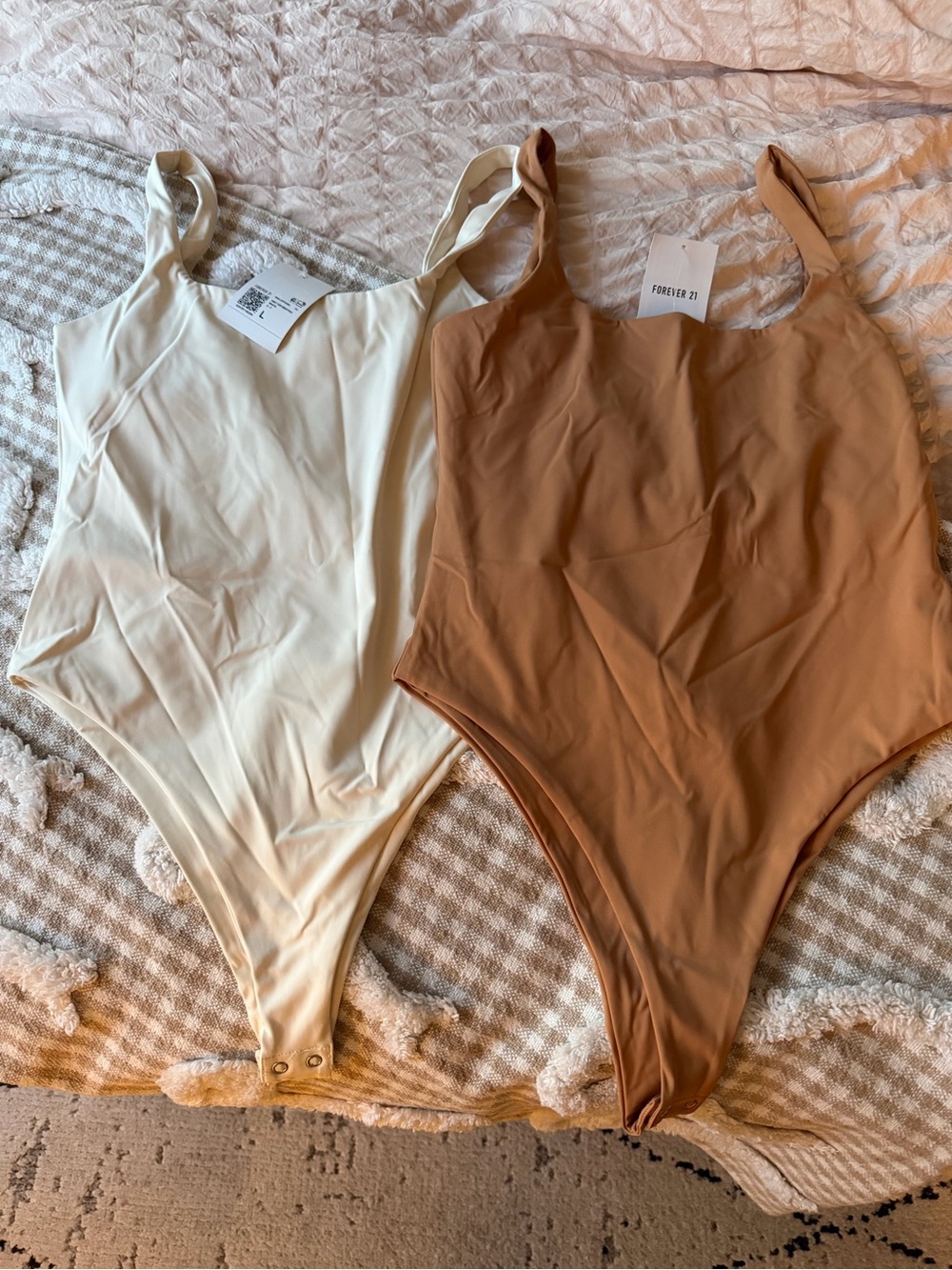 Forever 21 Women Smooth Sculpting Bodysuits in Cream and Tan